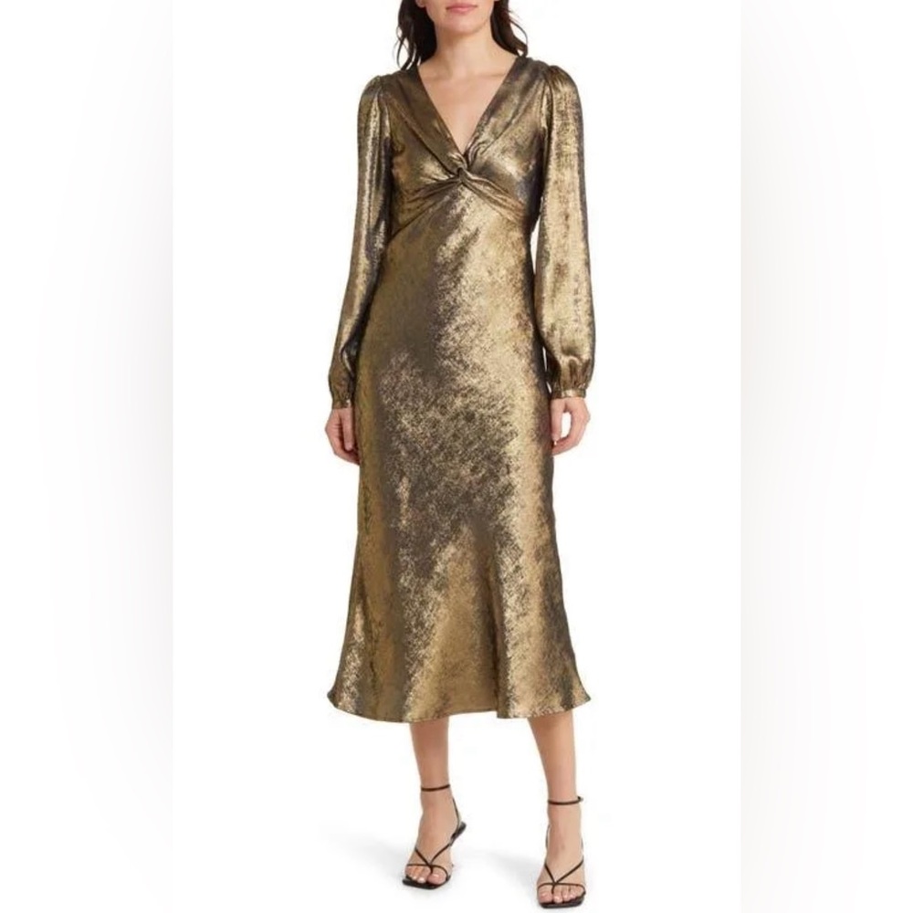 Lost + Wander Gold Metallic Twist-Front Midi Dress